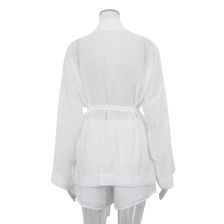 White Lace-Up 2 Piece-Set Shorts For Women Casual Loose Bandage Cardigan Coat And High Waist Shorts Sets Female Outfits