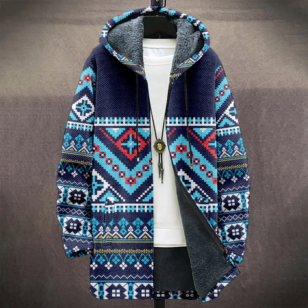 Men Jacket Cardigans Native Aztec Graphics Coats Printed Mid Trench Outdoors Fleece Winter Casual Streetwear Mens Clothing