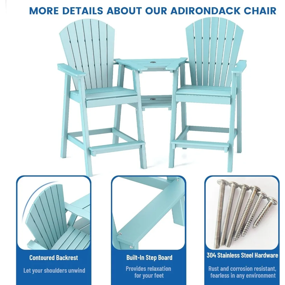 Tall Adirondack Chairs Set of 2,Recycled Poly Balcony Chair with Double Connecting Tray Patio Stools Weather Resistant 5
