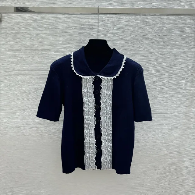 High-quality 2026 summer new style women's fashionable short-sleeved single-button blouse with lace trim decoration xy265021215