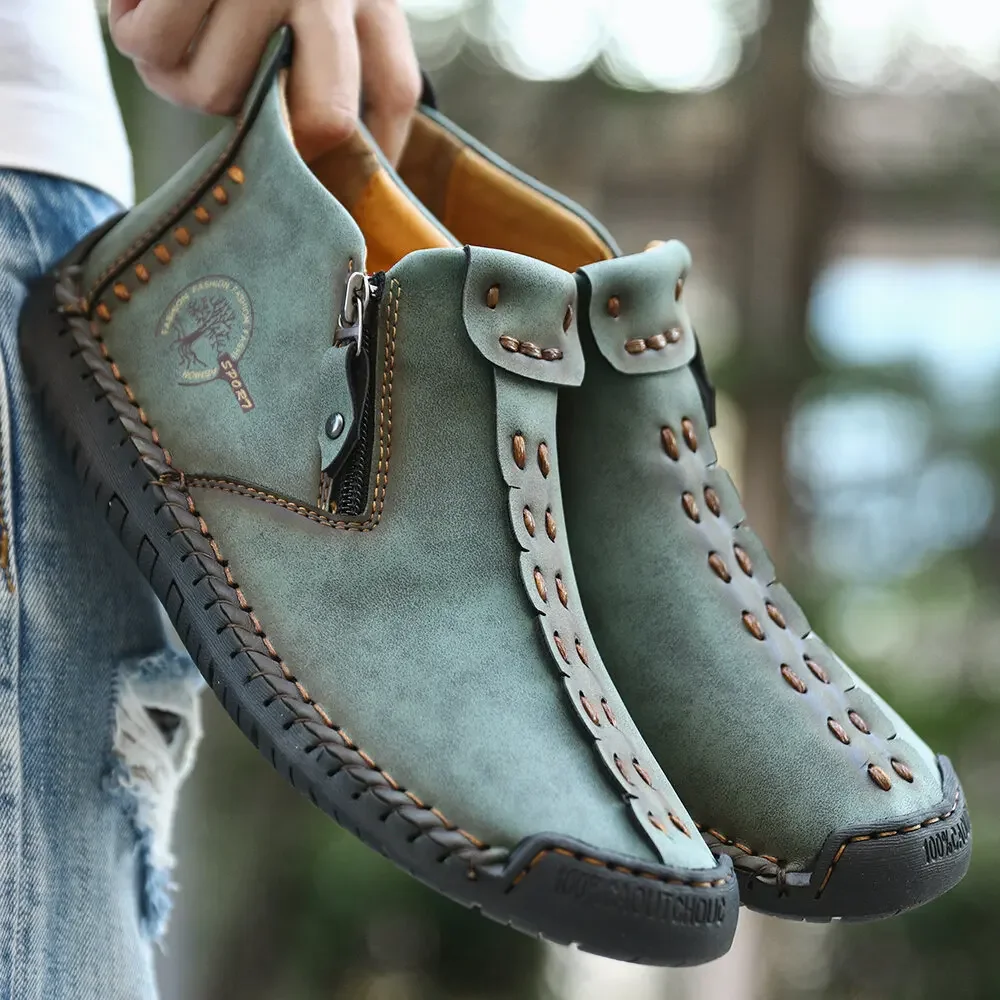 New Retro Casual Men Shoes Ankle Flat Leather Boots Winter Comfort Plus Velvet Warm Man Fashion Outdoor Snow Boots Male Sneakers
