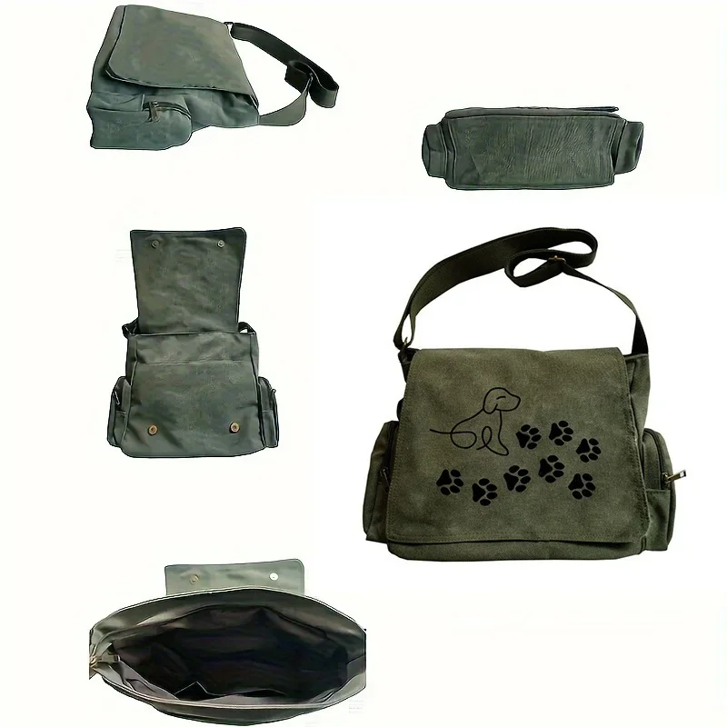 Women's Large Capacity Crossbody Bag with Dog Print Army Green Vintage Tote Shoulder Bag Commuting Book Bag