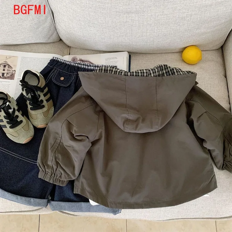 2-11세 아동용 체크무늬 재킷 봄과 가을 2025년 신상  캐주얼 후드 양면 상의 아동복 소년용 멋진 스타일