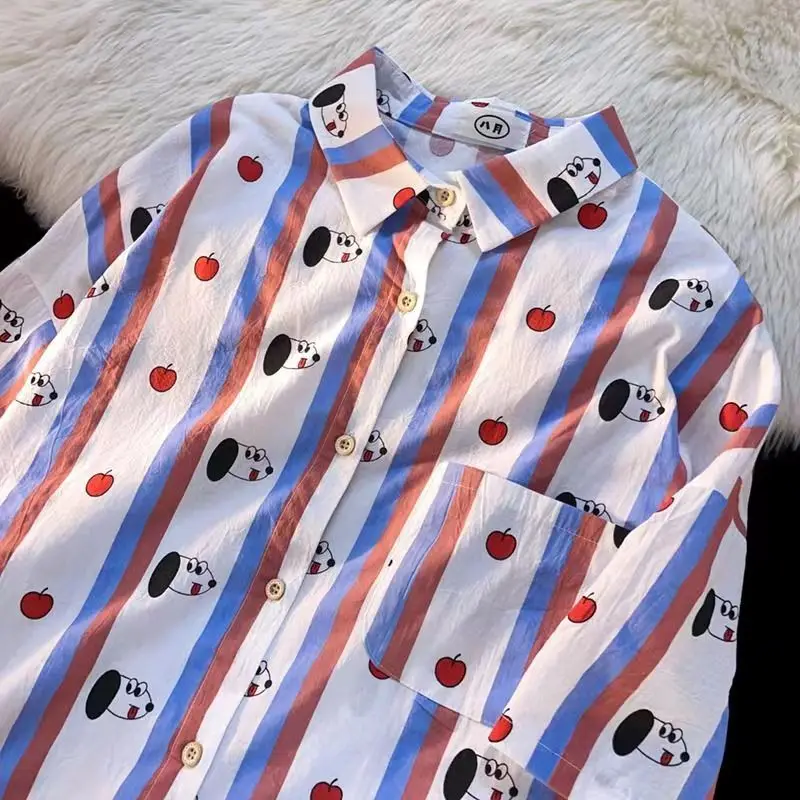 

Striped Cartoon Dog Print Summer Button Up Shirt Women Men Short Sleeve Shirts Loose Ins Summer 2023 Hawaiian Beach Shirt Luxury