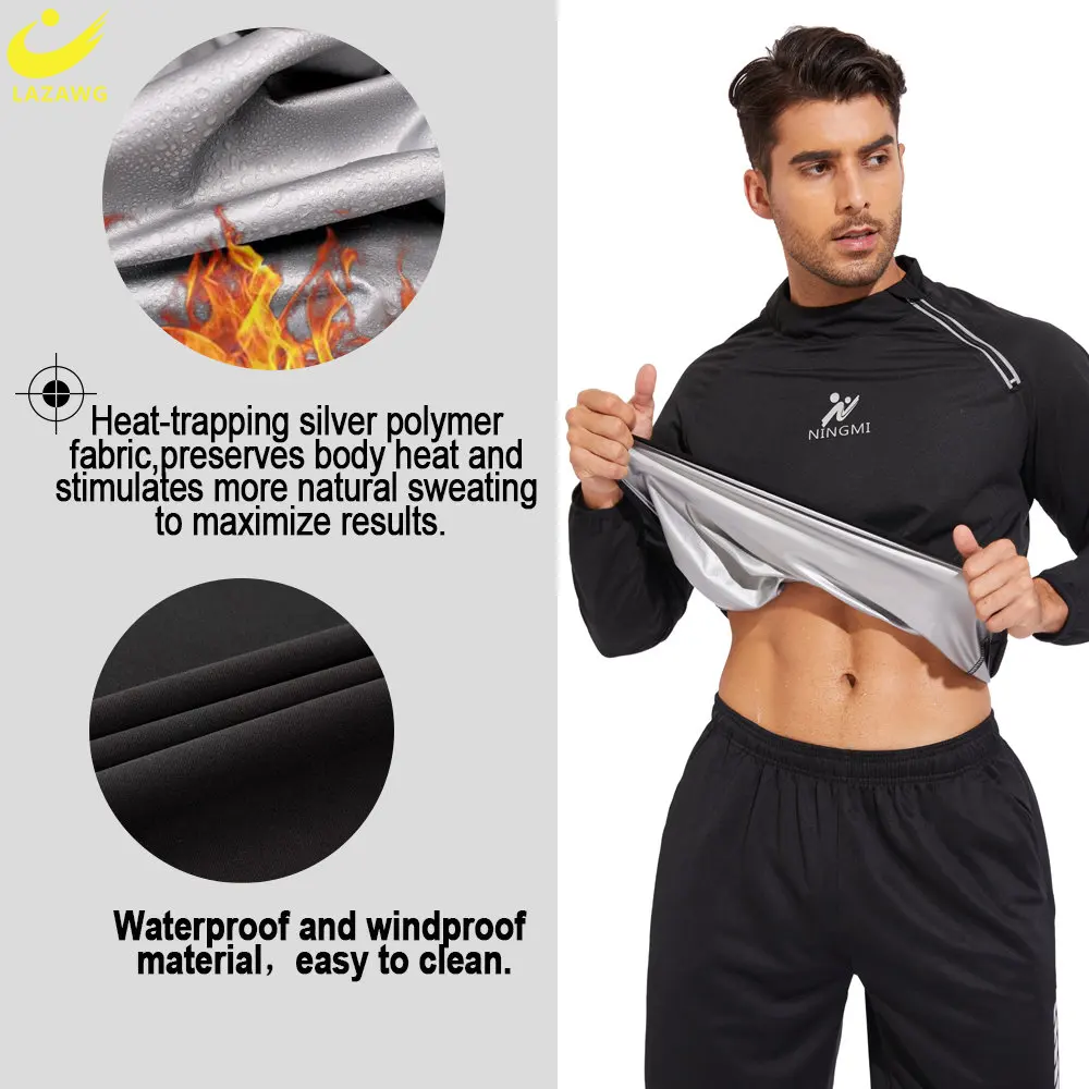 Sweat Sauna Suit LAZAWG Sauna Top For Men Sweat Long Sleeves Weight Loss Shirt Thin Fat Burning Fitness Sportwear Slimming Suit Gym Body Shaper body shaper compression sports top sweat sauna suit