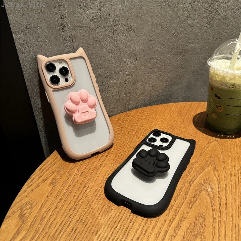 Custodia per telefono morbida glitterata con supporto per gatto in silicone trasparente liquido a copertura totale per iPhone 11 12 13 14 15 16 Pro Max Plus_voghion.com