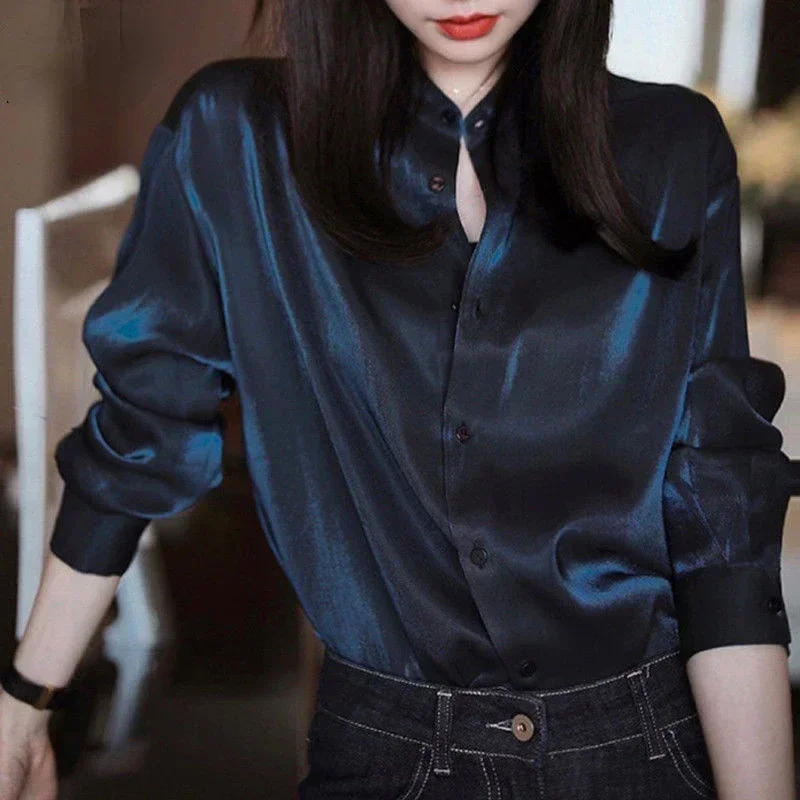 Long Sleeve Stand-up Collar Shirt Office Ladies Chic Buttons Women Blouses Solid Tops High-end Luxury Designer Clothing New trafza woman chic black lapel hollow backless buttons decorate sexy short coat women elegant long sleeve vintage jacket coat