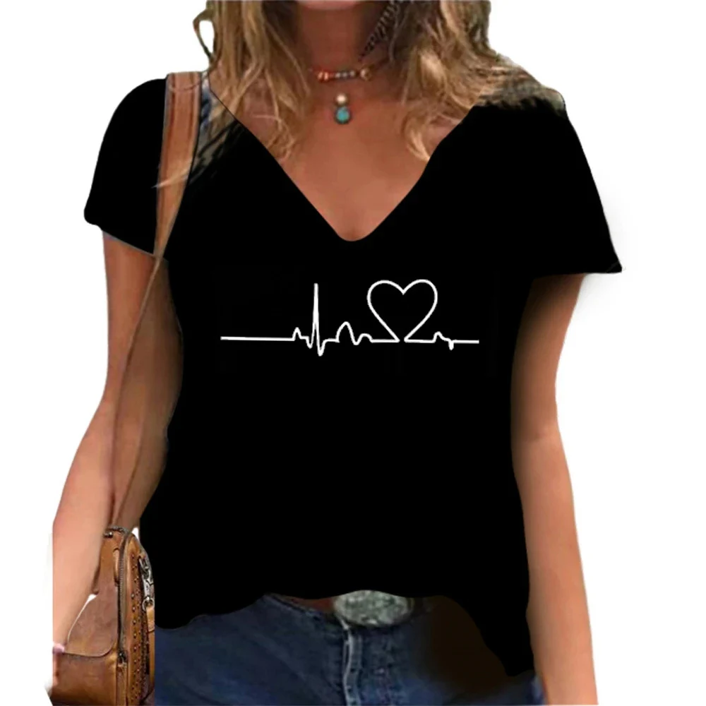 러브 심전도 프린트 V넥 티셔츠, 캐주얼 반팔 