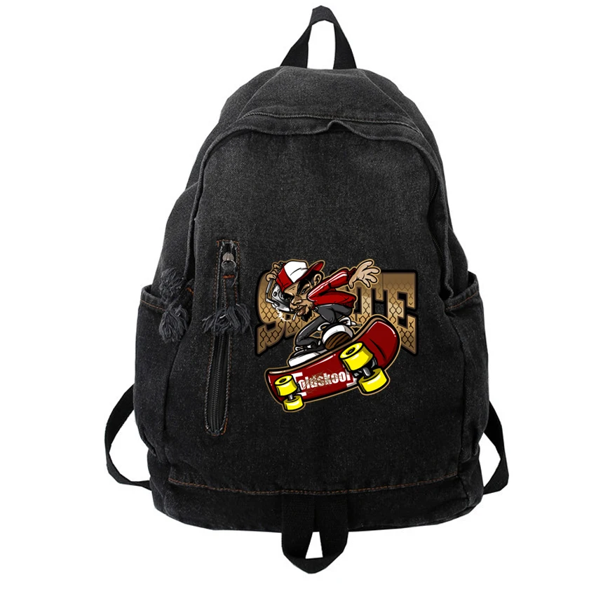 

Women Men Backpack Washed Cotton Gradient Color Denim Personality Casual Simple Cartoon Skateboard Pattern Printed Backpack