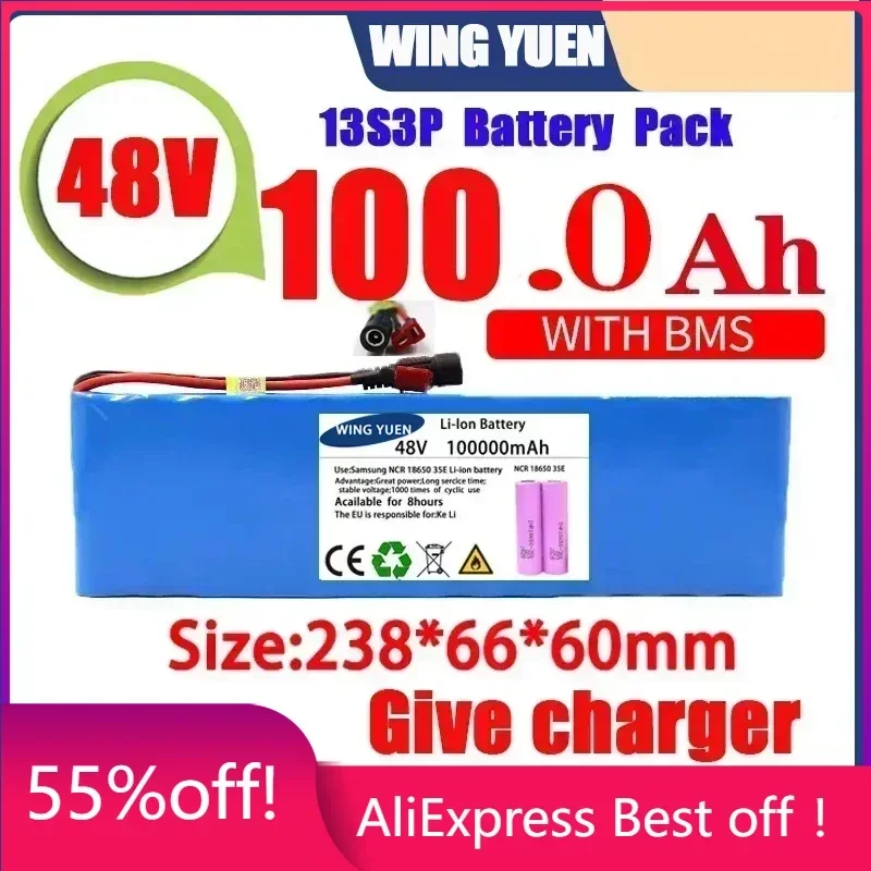 

New 48V 120000mAh 1000w 13S3P 48V Lithium ion Battery Pack 120Ah For 54.6v E-bike Electric bicycle Scooter with BMS+charger