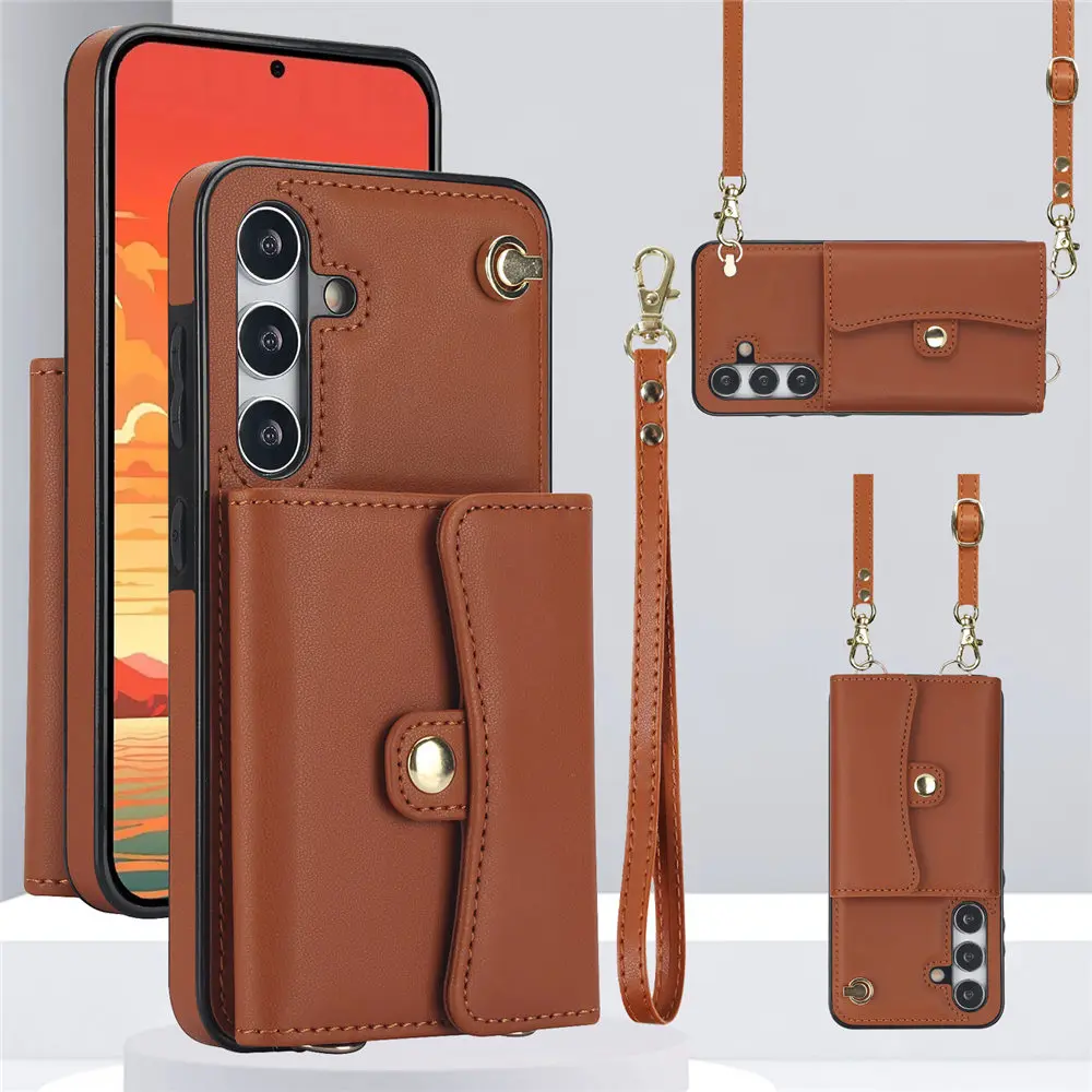 Elegant Leather Crossbody Wallet Case with Lanyard and Card Holder