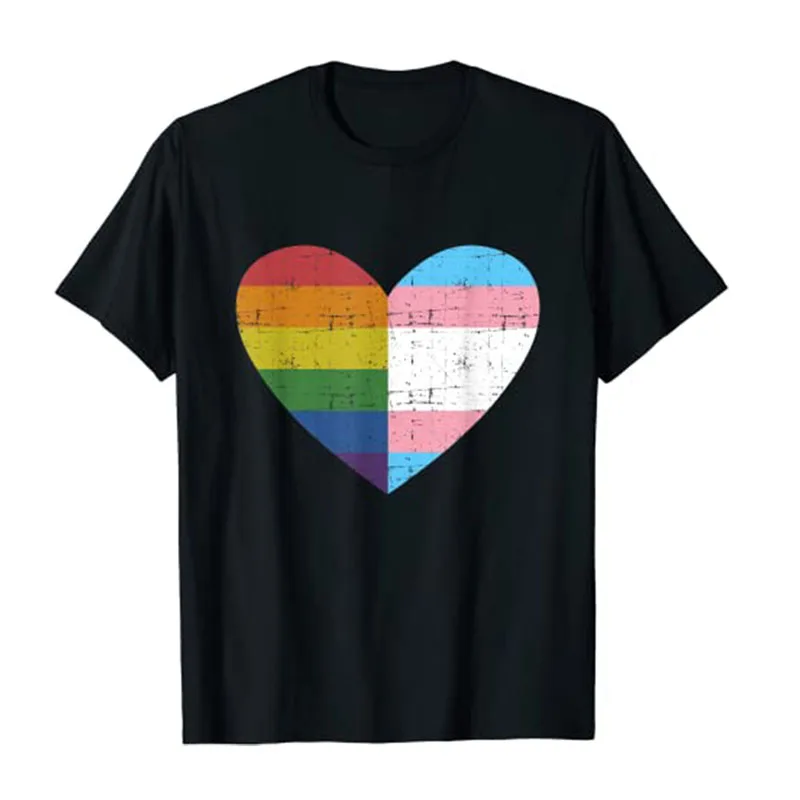 

Heart with Rainbow and Transgender Flag for LGBT Pride Month T-Shirt LGBTQ Proud Graphic Tee Tops Women Men Clothing