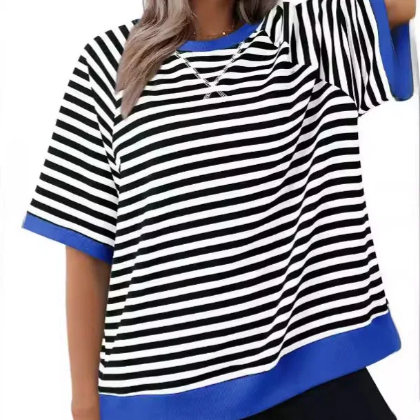 

New Women Casual Oversize T Shirts Female Fashion Striped Print Loose Short Sleeve Tees O-neck Tops for Summer T-Shirts