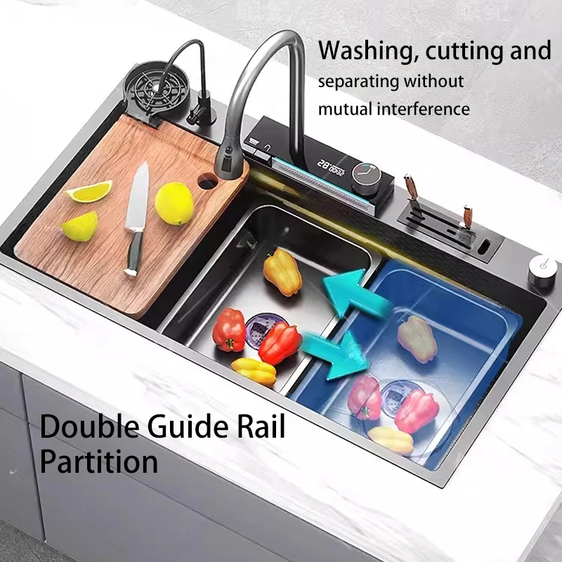 Stainless Steel Waterfall Kitchen Sink Embossed Extra Large Single Slot Multifunctional Dishwashing Sinks For Kitchen 4