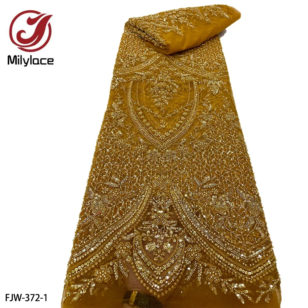 

Luxury Sequins Lace Fabrics Latest Beaded Embroidery French Tulle Mesh Lace Fabric Material for Dress Wedding FJW-372