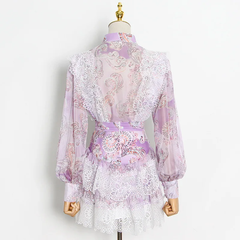 Camisa + Rendas Outono Primavera Gola Moda Lanterna Manga Costura Bolo Saia Curta Conjunto 2022 6 camisa + rendas costura bolo saia curta conjunto