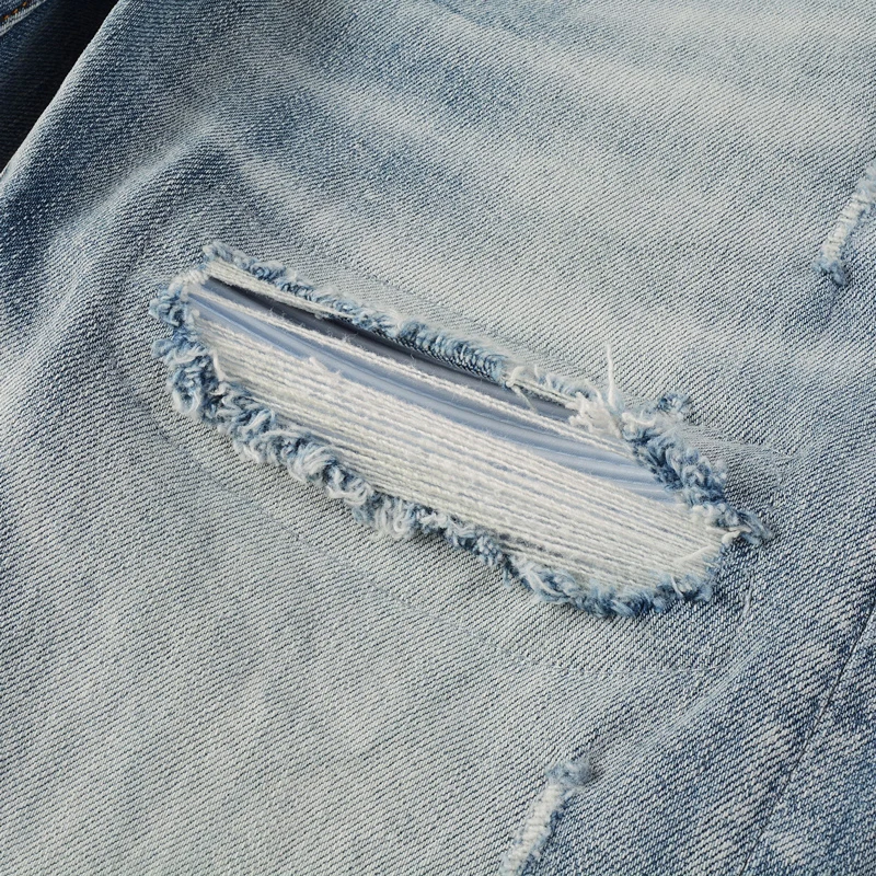 Street Fashion Men Jeans Retro Light Blue Stretch Skinny Fit Ripped Jeans Men White Leather Patched Designer Hip Hop Brand Pants