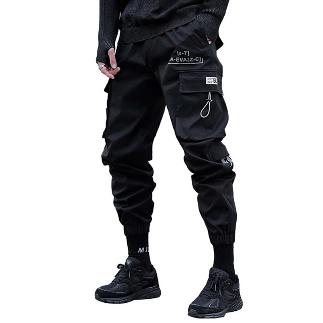 New Black Cargo Pants Hip Hop Joggers Men Loose Harem Pants Multi-pocket Ribbon Trousers Casual Streetwear Sport Pants for Men black