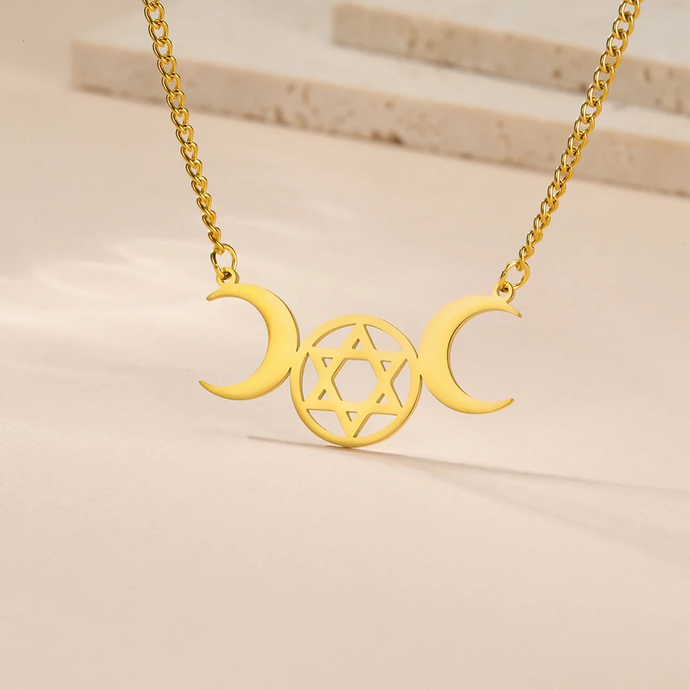 Dawapara Dreifachmond-Hexagramm-Halskette, jüdischer Davidstern, Mondphasen-Anhänger, Wicca-Göttin-Schmuck, Edelstahl – Detail 10