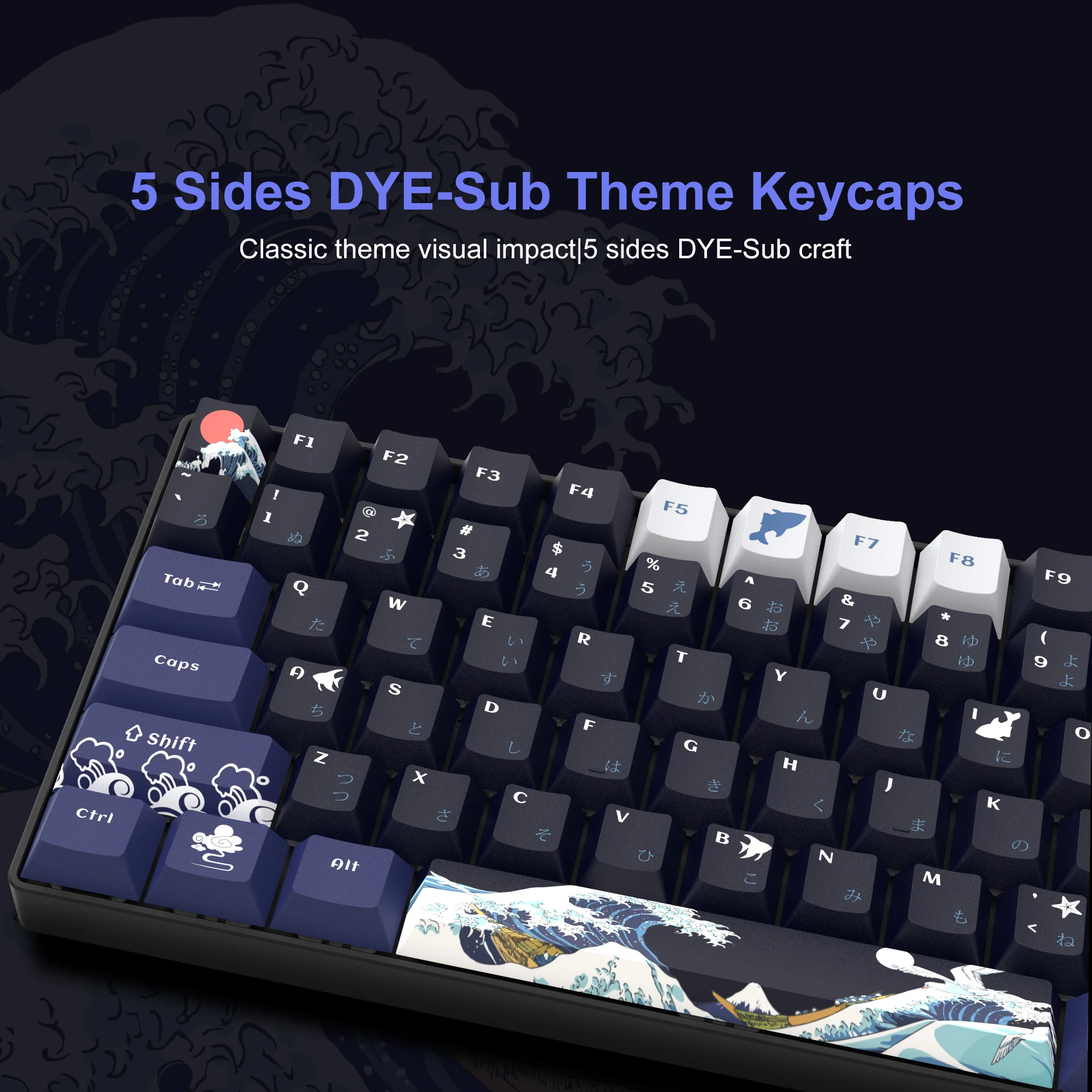 PBT Keycaps, Great Wave Off Kanagawa, 61, 64, 66, 68 Cherry Gateron
