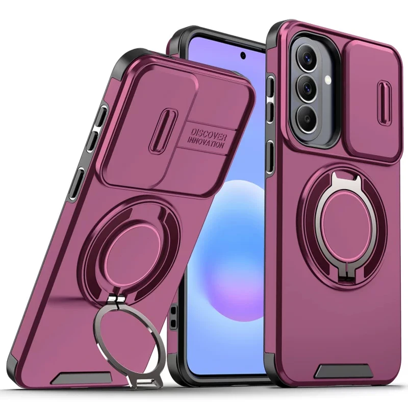 Magnetic Slide Lens Protection Case with Phone Ring Stand Holder Cover
