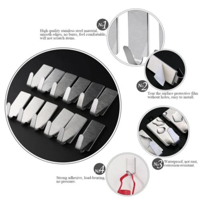

Wall Door Stainless Steel Holder Kitchen Sticky Hanger Hook Robe Coat 12PCS Self Adhesive Bathroom Durable New