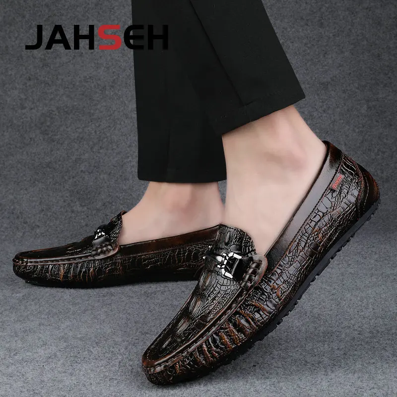 JAHSEH Men Cow Leather Crocodile Grain Style Loafers High Quality Business Casual Shoes Handmade Men Genuine Leather Moccasins