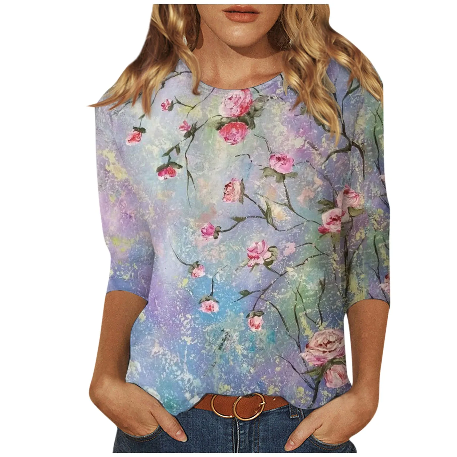 

Y2k Delicate Fashion Plant Printed Women Pullovers Vintage O-Neck Three Quarter Sleeves Summer Women Shirts Graphic Y2k 상의