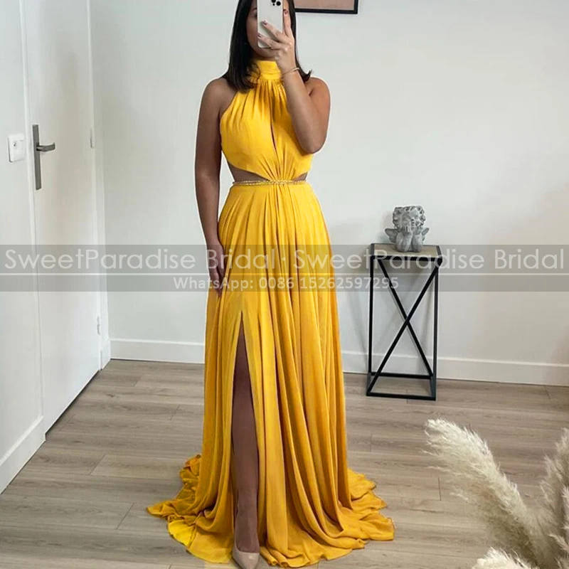 

Pleat A Line Bridesmaid Dresses Gold Yellow Chiffon High Neck Side Split Long Cut-Out Waist Bridal Party Dress Maid Of Honor
