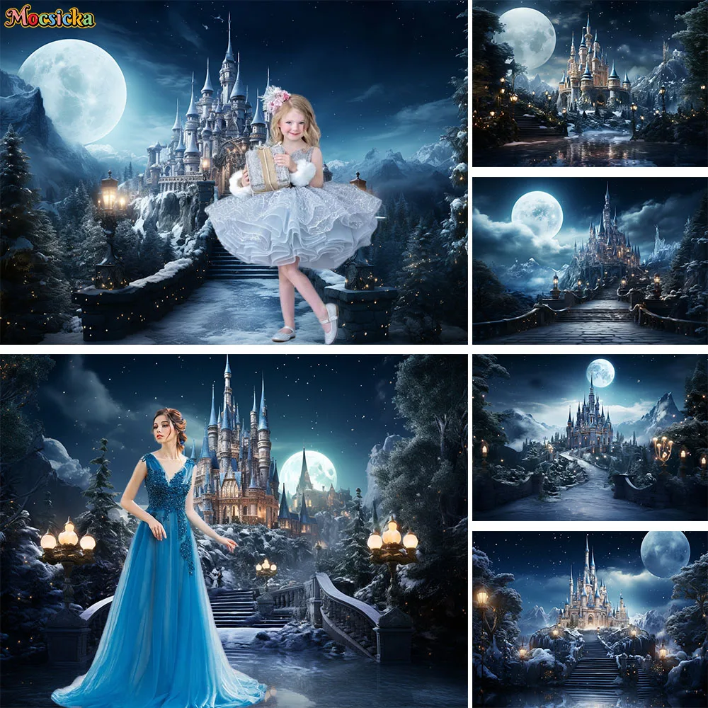 

Mocsicka Magic Castle Decor Backdrop Princess Girl Party Frozen Winter Photography Background Moon Starry Sky Photo Booth Studio