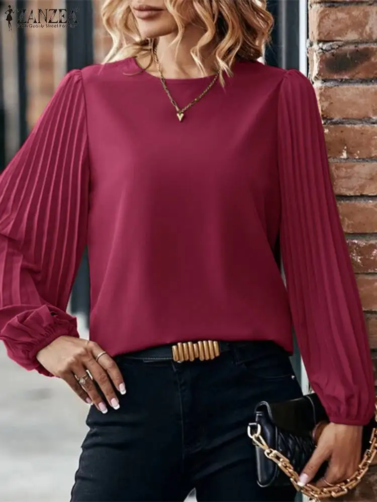 

ZANZEA Women Blouse 2023 Autumn Vintage Tops Fashion Pleats Long Sleeve Round Neck Shirt Holiday Causal Loose Solid Color Blusas