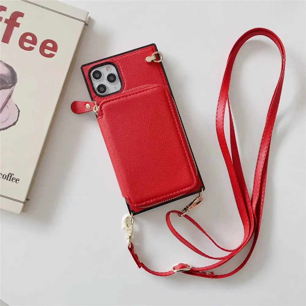 Elegant Zipper Wallet Crossbody Leather Case with Long Lanyard
