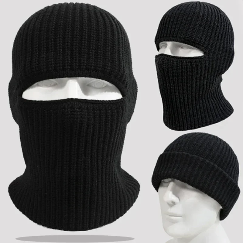 2In1 Mask Beanies Hat Kintted Thicken Winter Ski Balaclava Full Face Mask Thermal Windproof Coldproof Running Earmuffs Hat