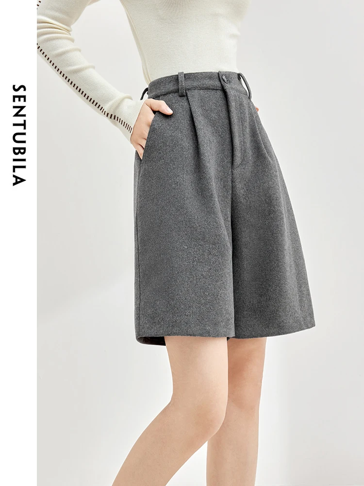 SENTUBILA Wool Straight Loose Shorts for Women Thick Warm Casual Short Trousers 2024 Spring Female Wide Leg Pants 134K51832