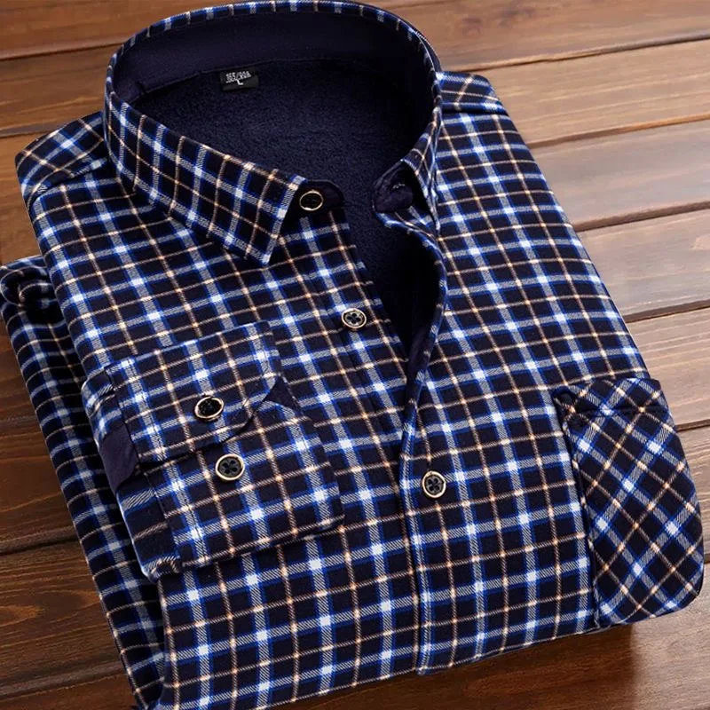 2023 Autumn and Winter New Men\'s Classic Fashion Casual Slim Long-Sleeved Shirt Men\'s Plus Fleece Thickened Warm Plaid Shirt 5XL