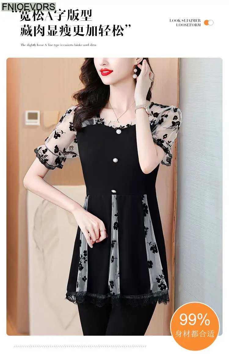 Hot Sales Autumn 2024 Women European Fashion Elegant Black Shirt Sheer Mesh Ruffles Casual Tunic Belly Peplum Tops And Blouses