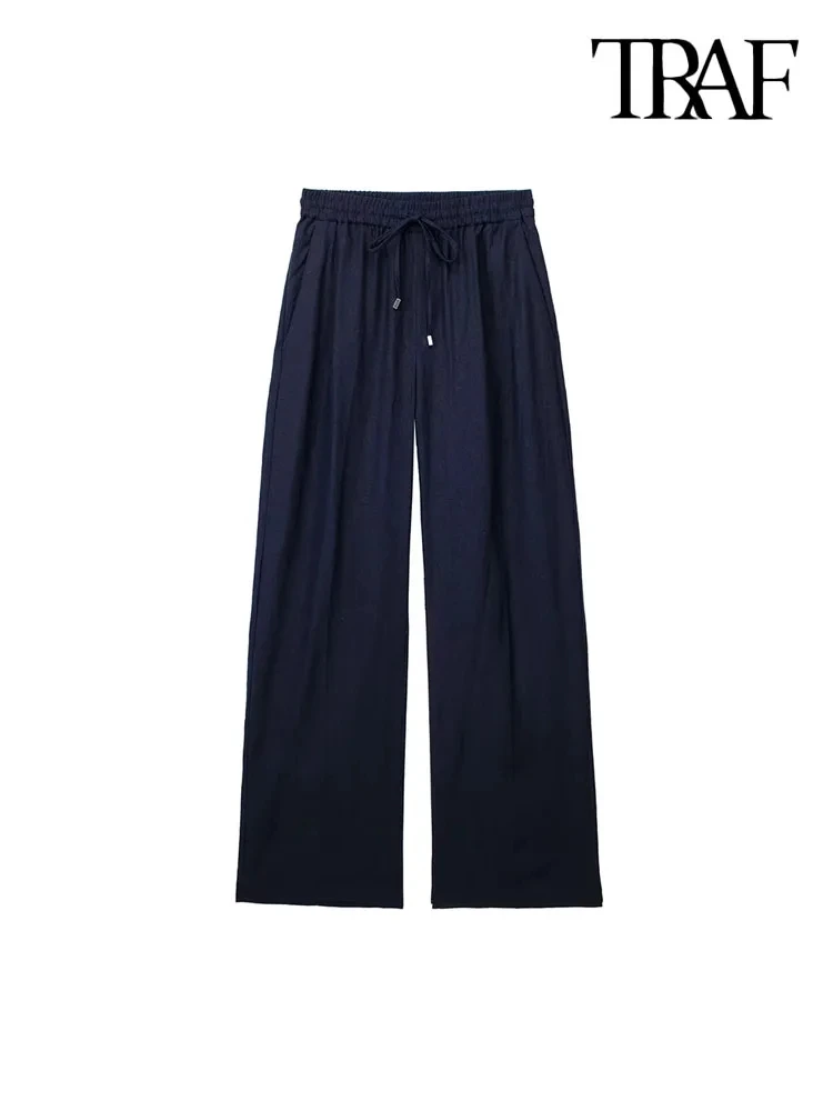 TRAF-Wide Leg Pants for Women, Side Pockets, High Elastic Waist, Drawstring, Female Trousers, Fashion