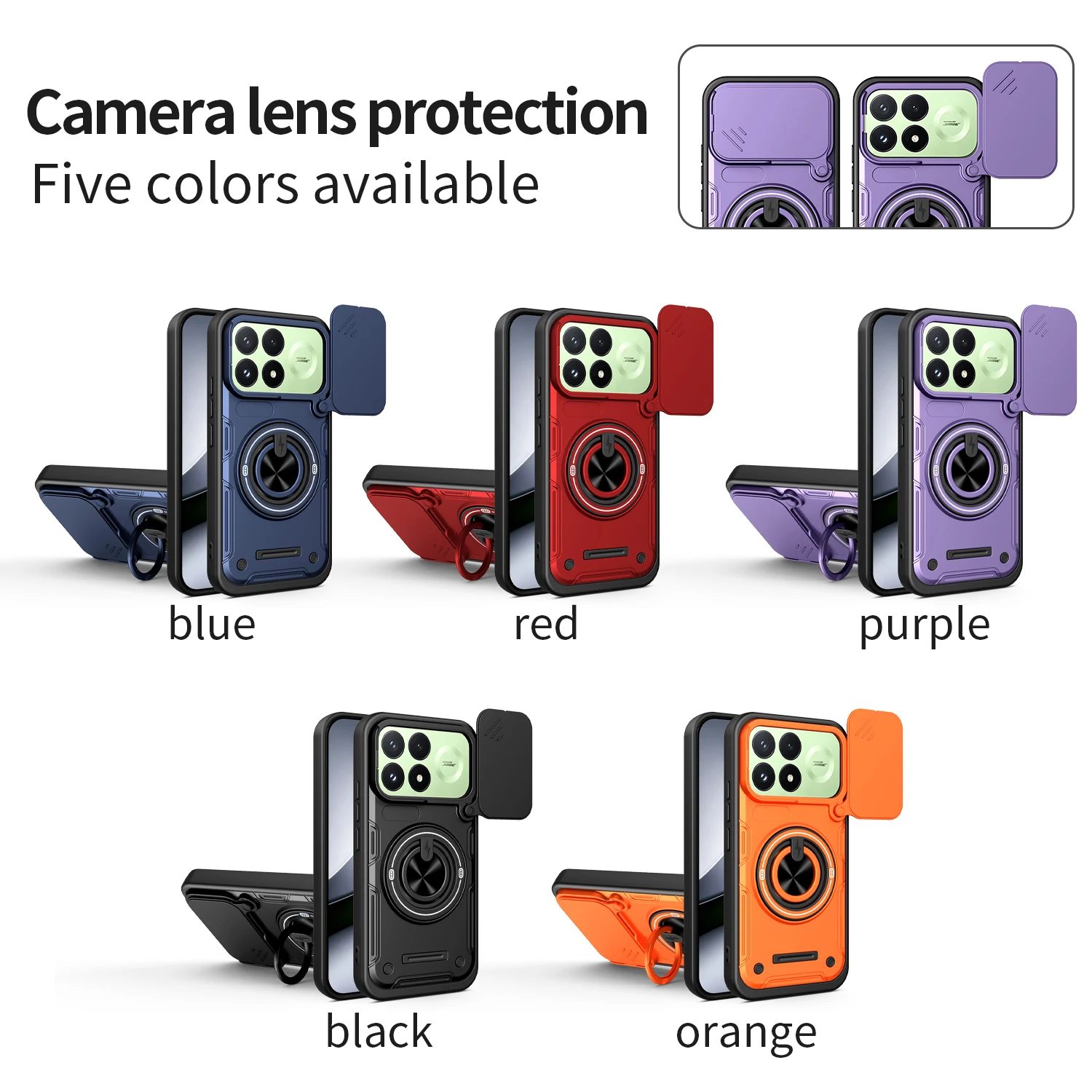 Armor Shockproof Phone Case with Sliding Camera Protector and Metal Ring Stand Holder