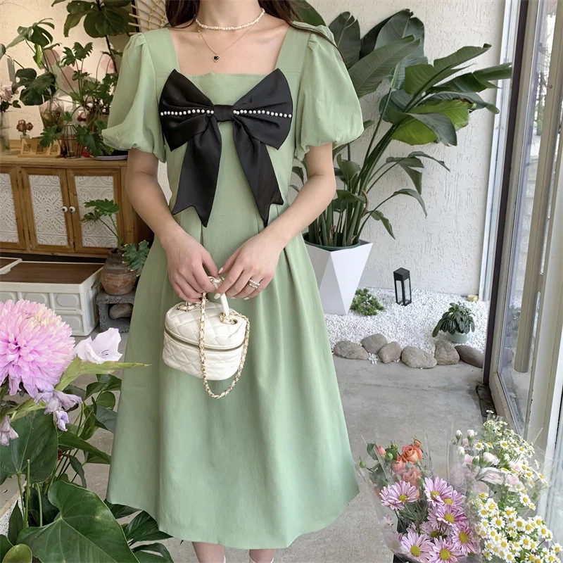 Green Maternity Summer Long Dress Plus Size Pregnant Woman Puff Sleeve Ruffle Patchwork Bowknot Pregnancy