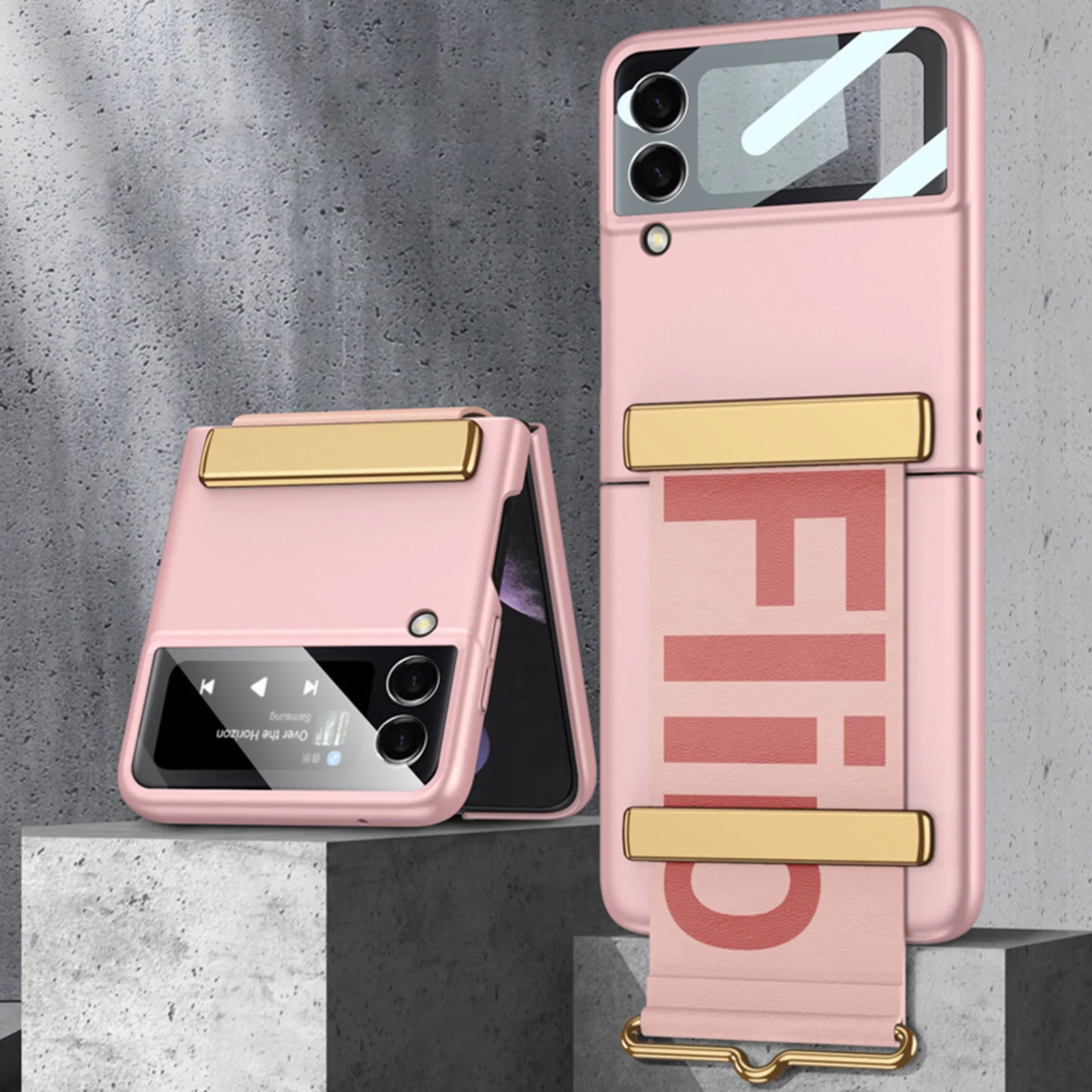 Case with Strap for Z Flip 3 Holder PC Case for Samsung Z Flip 3 Film Phone Cover All-in-one Solid Color Mobile Protective Shell samsung cute phone cover Cases For Samsung