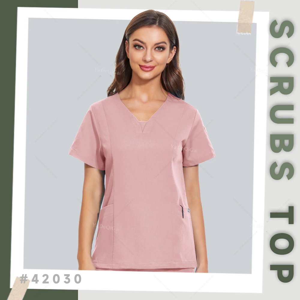 

8 Colors Medical Scrubs Tops Women Clinical Workwear Summer Stretch Work T-shirts Doctor Nurse Uniforms Dentist Surgical Blouse