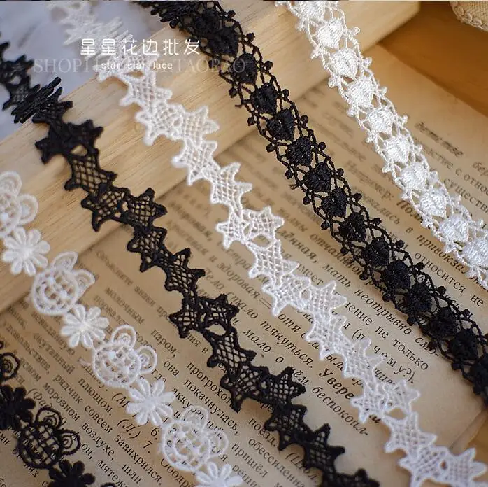 Elegant White and Black Floral Embroidered Lace Trim - 5 Yards