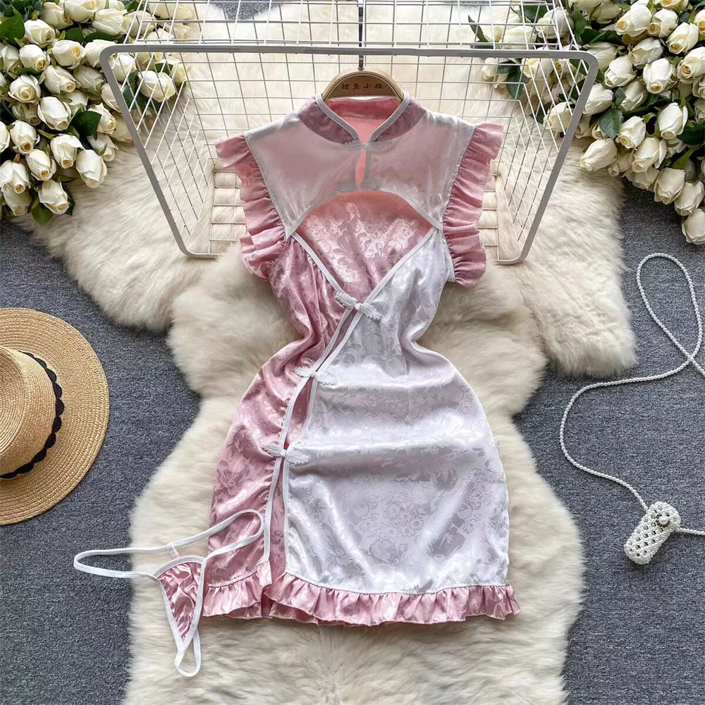 Chinese-Cheongsam-Asymmetrical-Side-Slit-Flying-Sleeve-Mini-Dress ...