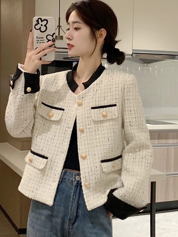 

Women's New Autumn French Small Fragrant Style Jackt Coat High Grade Elegant Single Breasted Short Woolen Top