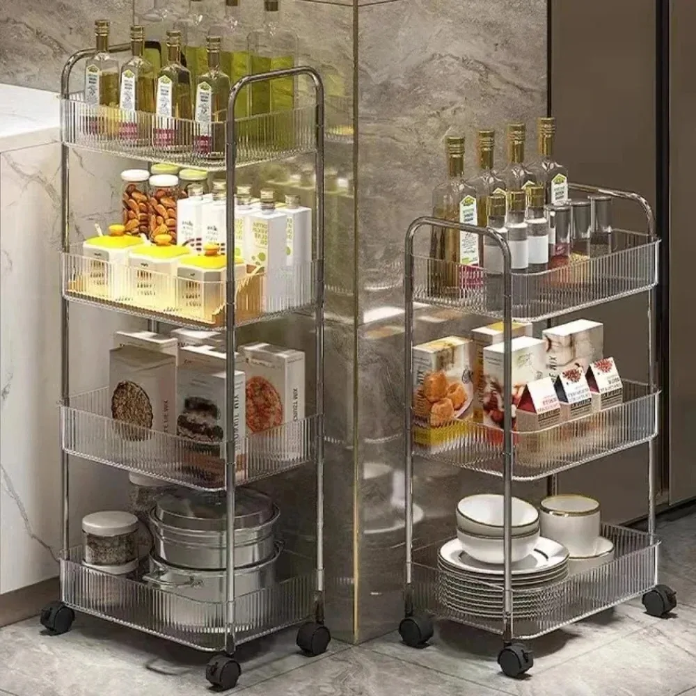 Transparent Storage Rack Trolley Acrylic Rolling Cart Hanging Basket Bathroom Makeup Bookshelf