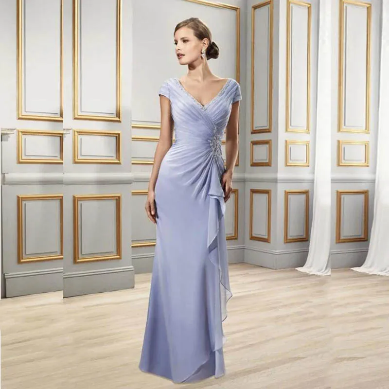 

Graceful Charming Sheath Chiffon Long V Neck Mother of the Bride Dresses With Short Sleeves Formal Wedding Party Gown