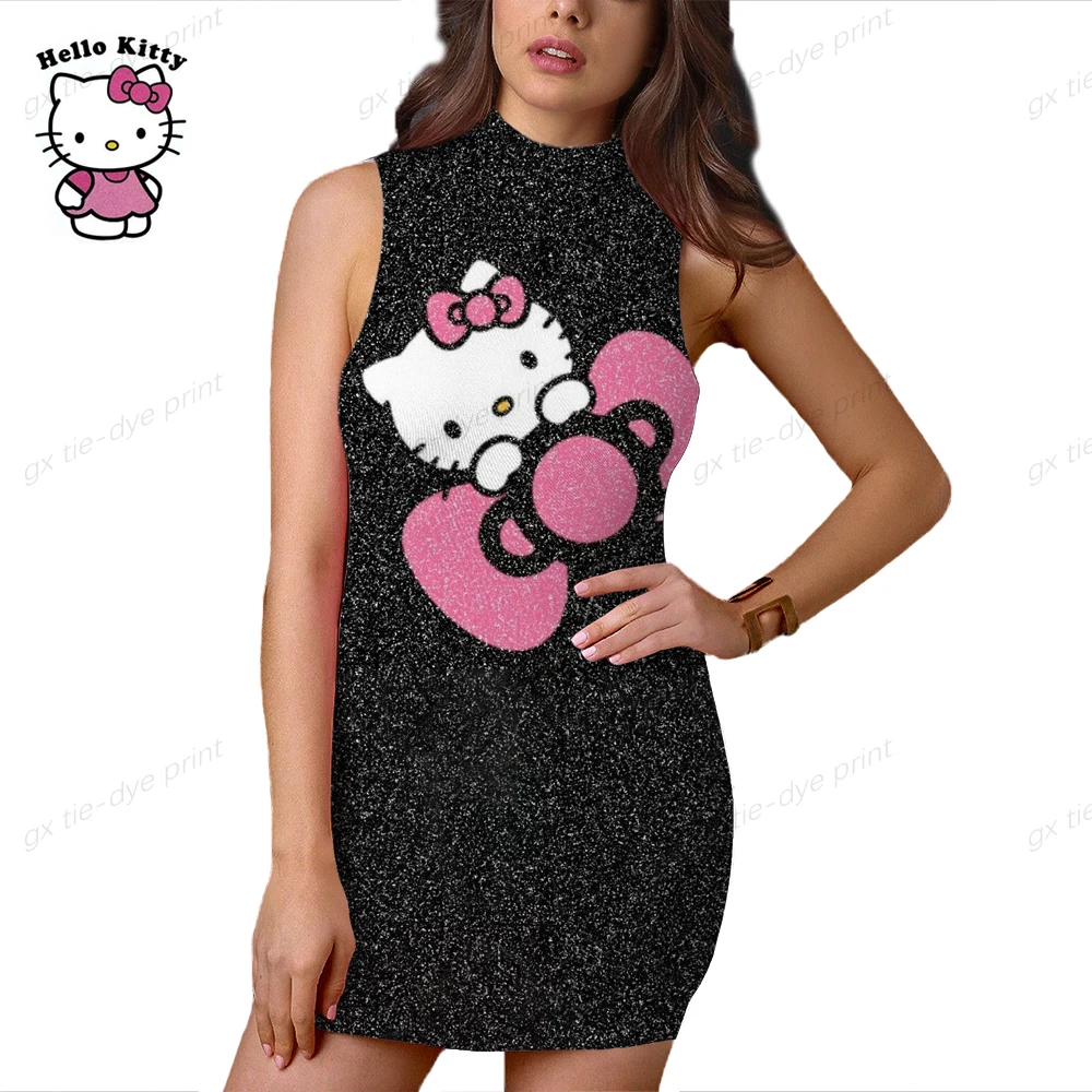 

Fashion Womens Ladies Sleeveless Summer HELLO KITTY Print Beach Casual Loose Sundress Tight Sexy Cartoon Hawaiian Dress