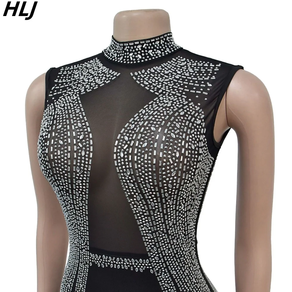 HLJ Fashion Mesh Perspective Rhinestones Bodycon Jumpsuits Women Round Neck Sleeveless Slim Playsuits Female Party Club Overalls