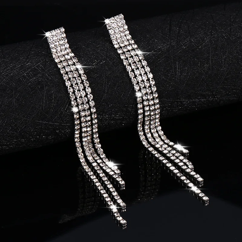 New Luxury Rhinestone Crystal Long Tassel Earrings for Women Bridal Drop Dangling Earrings Party Wedding Jewelry Gifts - Image 3