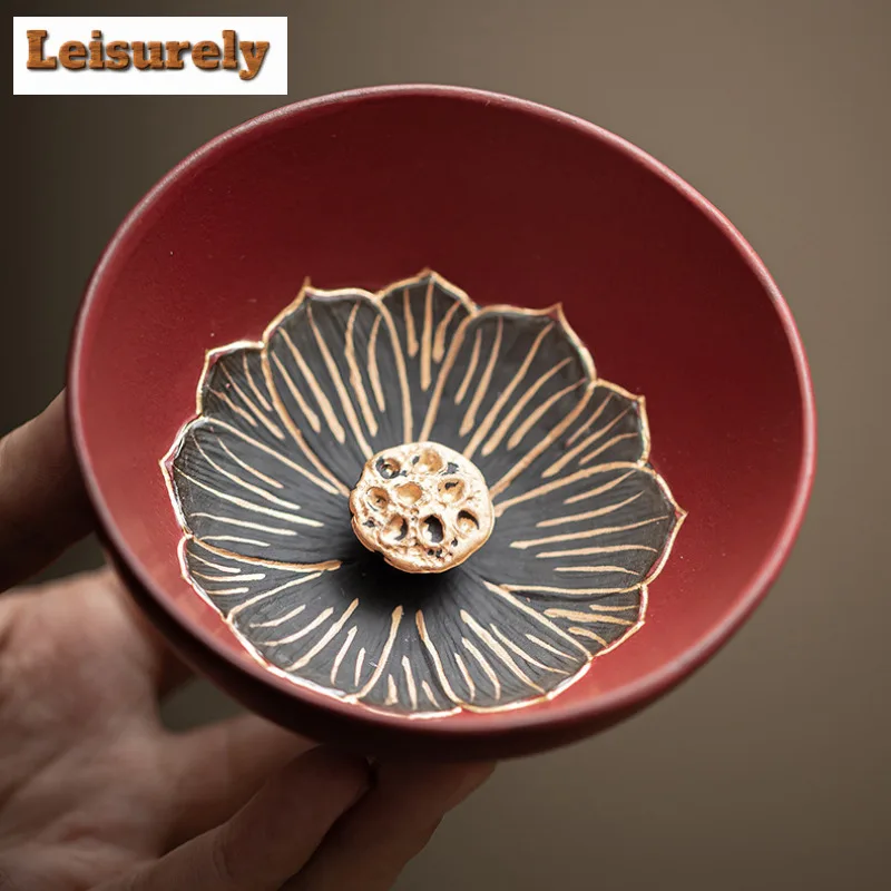 2pc/lot Palace Red Glaze Lotus Life Auspicious Teacup  Tea Bowl Tea Pair Tea-tasting Fragrance Cup Chazhan Master Cups Drinkware